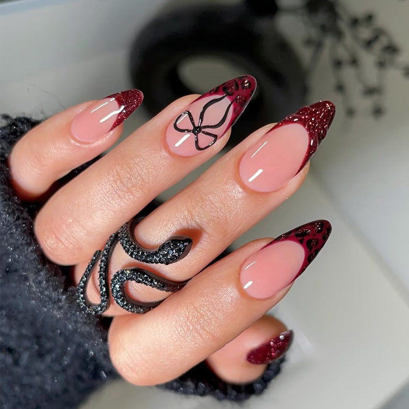 Mystical Elegance Long Almond Burgundy and Pink Press-On Nail Set with Intricate Design