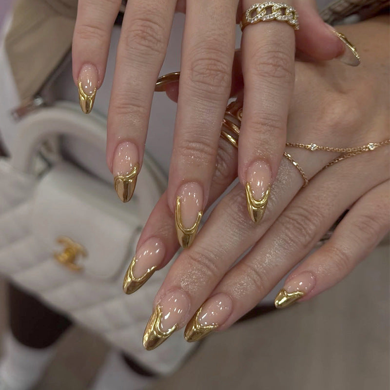 Gilded Elegance Long Almond Beige Gold Accent Press-On Nail Set with Reflective Shine