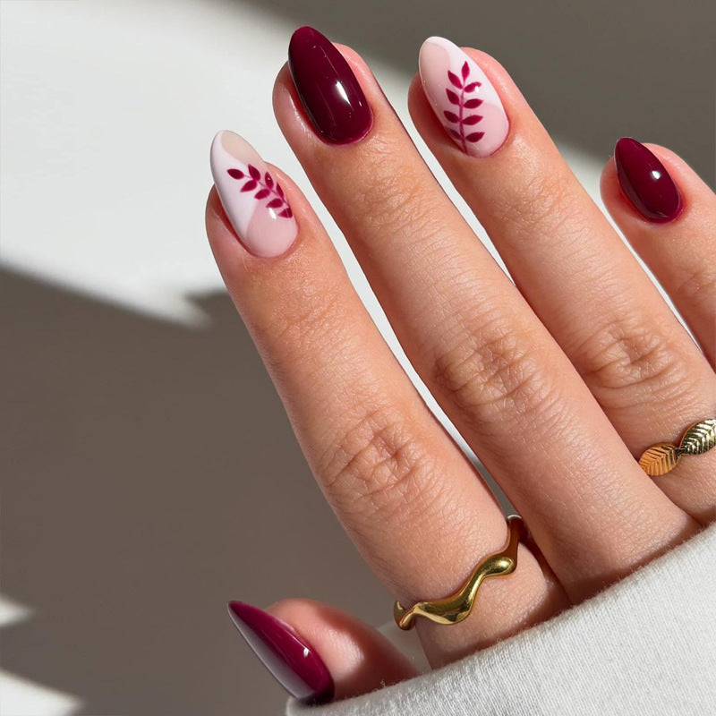 Enchanted Autumn Short Almond and Stiletto Burgundy and Rose Pink Nail Set with Leaf Artistry