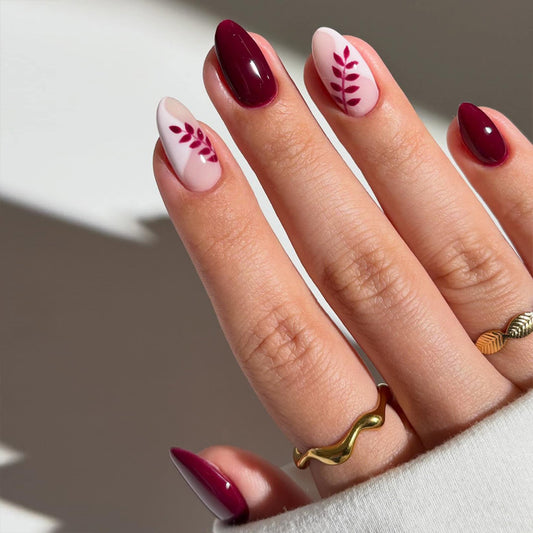 Enchanted Autumn Short Almond and Stiletto Burgundy and Rose Pink Nail Set with Leaf Artistry