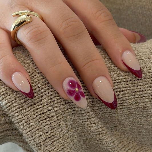 Whimsical Elegance Short Almond Burgundy Ombre with Floral Accent Press on Nail Set