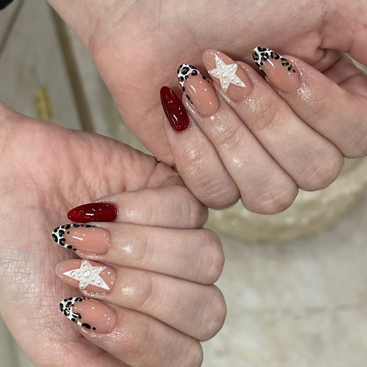 Tropical Paradise Long Almond Shaped Red and Beige Press On Nail Set with Leopard Print and Star Accents