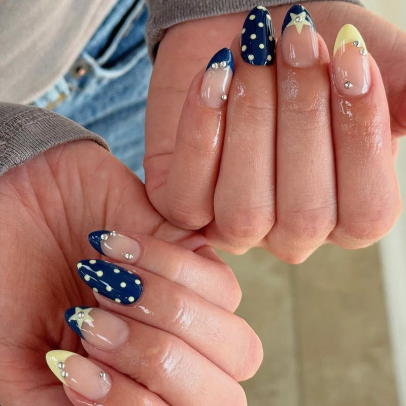Celestial Night Long Almond Blue and Yellow Gradient with Star and Pearls Press On Nail Set