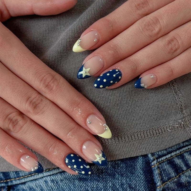 Celestial Dreams Long Almond Blue and Yellow Glitter Accent Nail Set