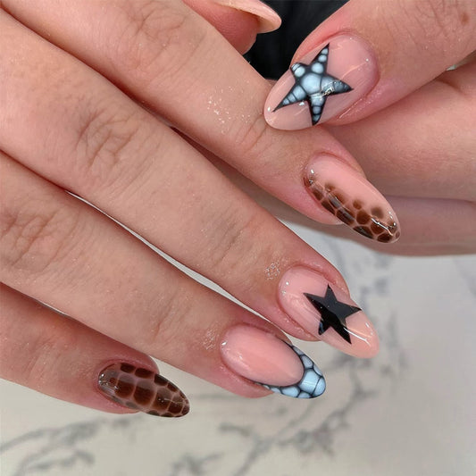 Beach Breeze Long Almond Shaped Soft Pink and Brown Press On Nail Set with Star and Unique Patterns