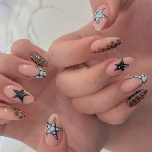 Celestial Elegance Long Almond Beige and Brown Ombre with Star Accents Press On Nail Set