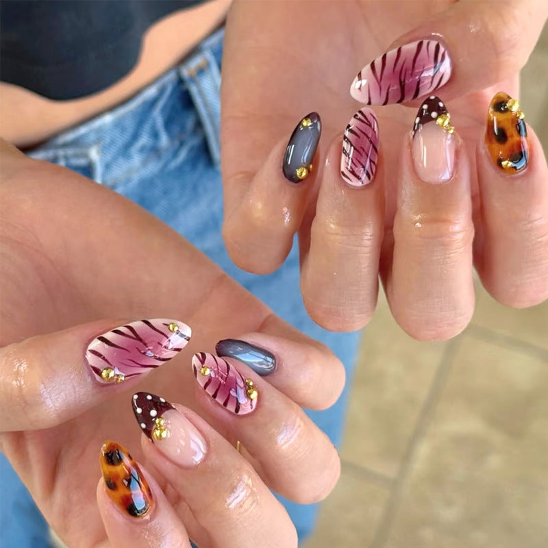 Wild Safari Glam Press On Nail Set Long Almond Pink and Gray with Unique Gold Accents