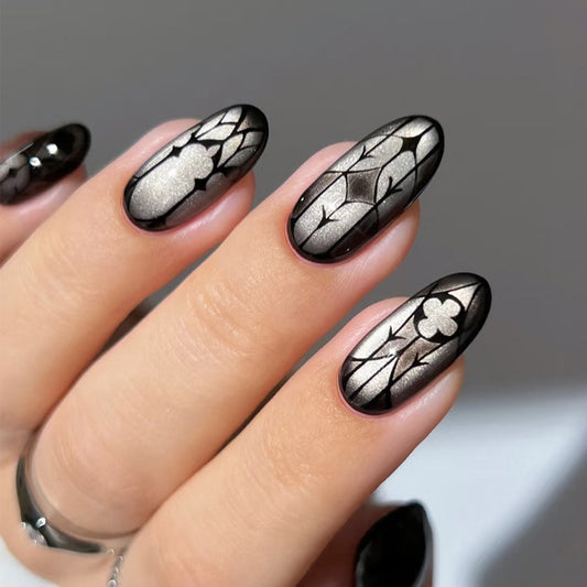 Mystical Radiance Long Oval Black and Silver Floral Design Press on Nail Set