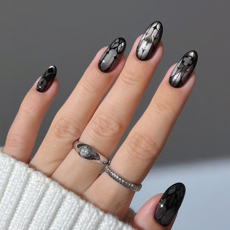 Mystical Noir Long Oval Black Nail Set with Intricate Floral Design