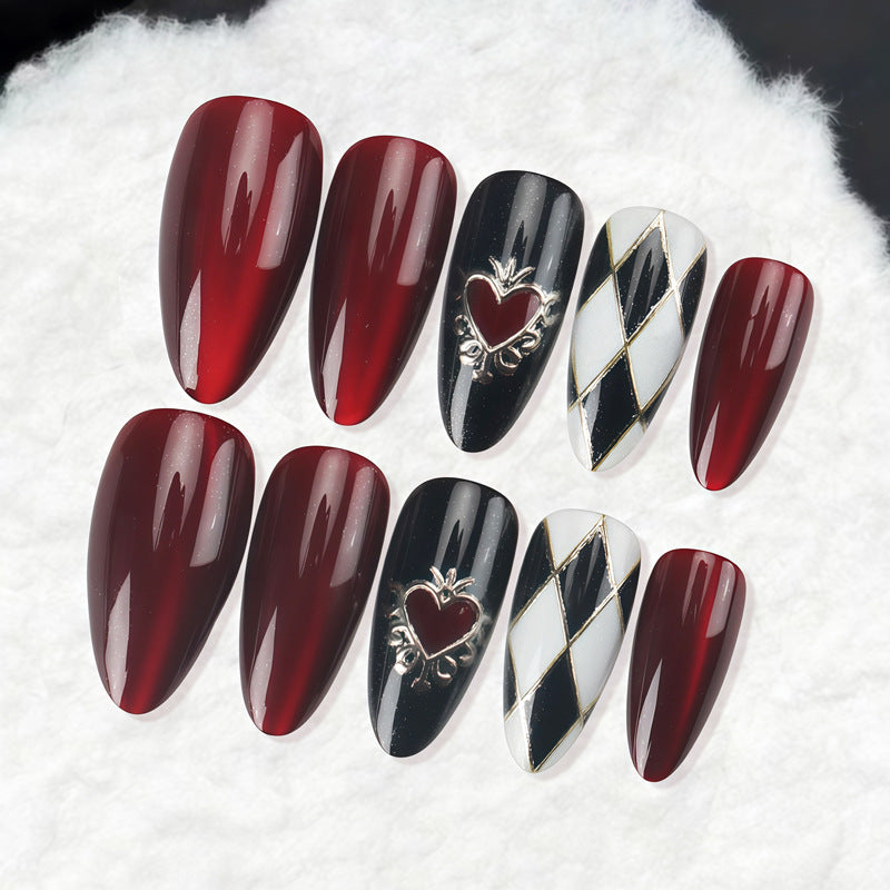Romantic Elegance Long Almond Burgundy and Black Nail Set with Heart and Harlequin Designs