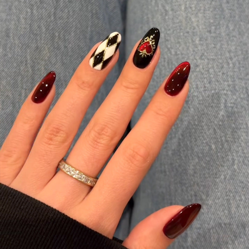 Gothic Elegance Long Almond Burgundy Black and White Checkerboard Design Press-On Nail Set