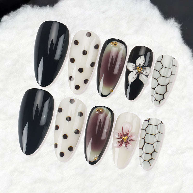 Chic Elegance Long Almond Black and White Polka Dot Press on Nail Set with Floral Details