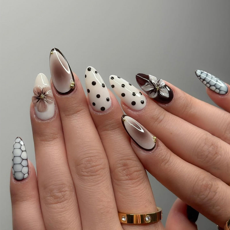 Charming Floral Elegance Long Almond White and Black Polka Dot with Unique Flower and Honeycomb Design Press-On Nail Set