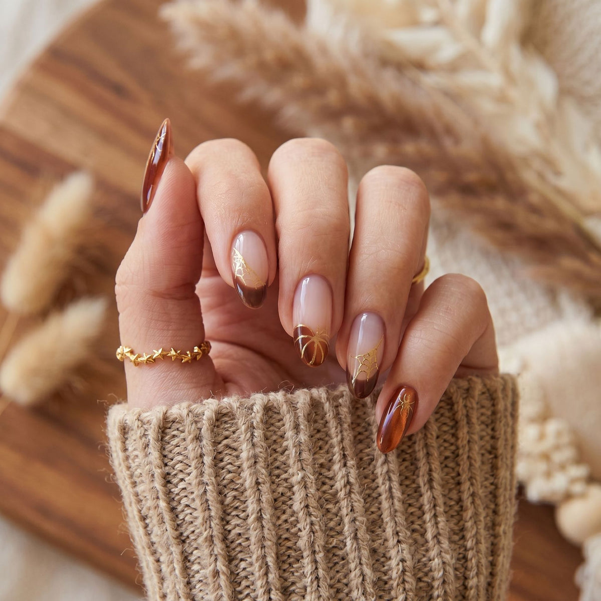 Autumn Elegance Medium Almond Brown Gradient Press On Nail Set with Gold Details