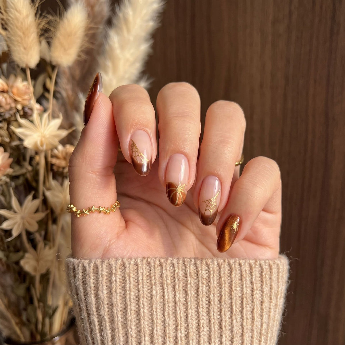 Autumn Enchantment Medium Almond Brown Gradient with Gold Accents Press On Nail Set