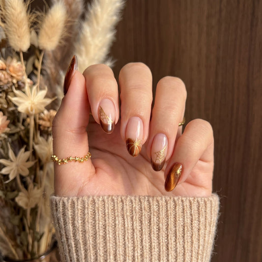 Autumn Enchantment Medium Almond Brown Gradient with Gold Accents Press On Nail Set