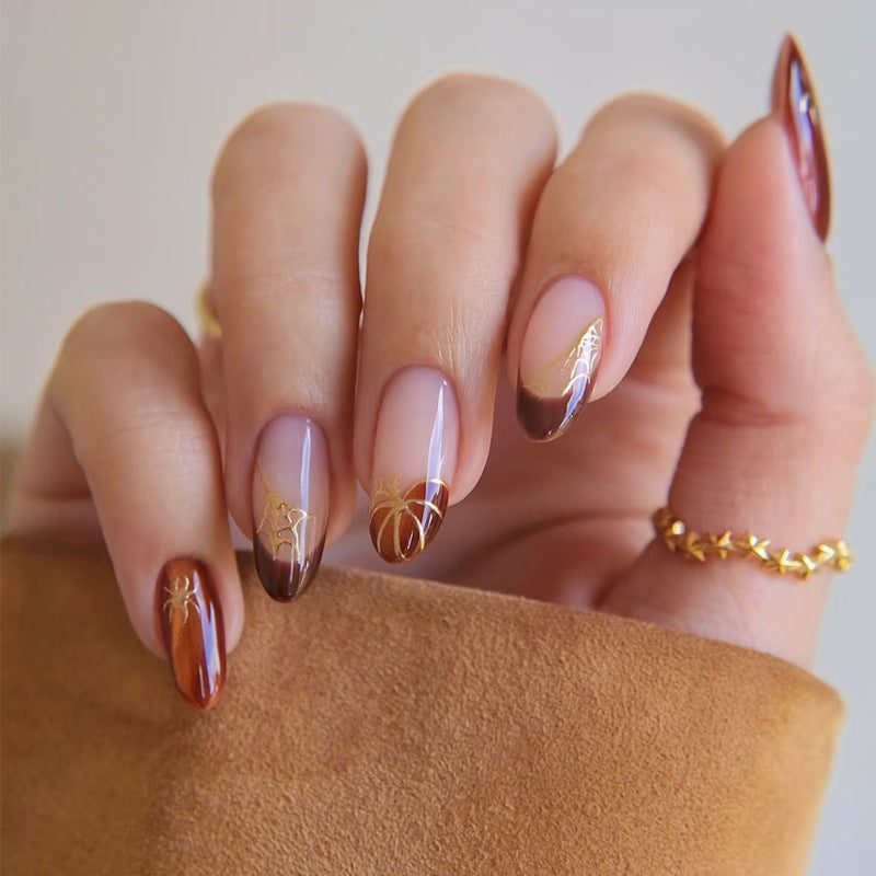 Autumn Elegance Long Almond Brown Gradient Press On Nail Set with Gold Accents