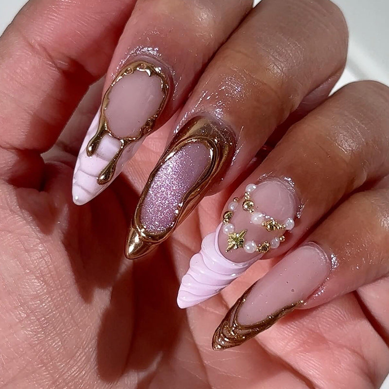 Oceanic Glamour Long Almond Pink with Gold Accents Press On Nail Set
