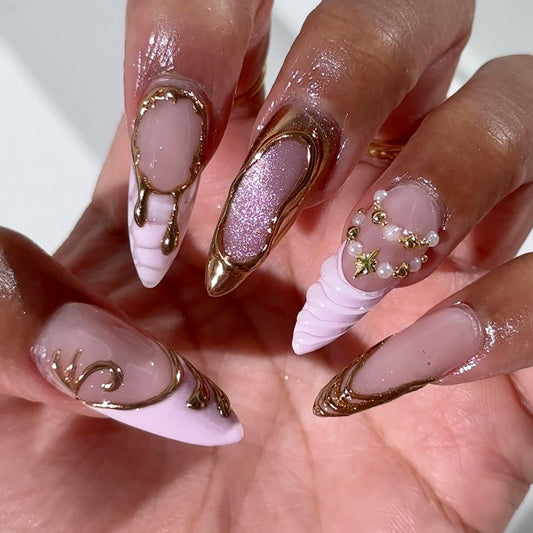 Mermaid Dream Long Almond Pink with Seashell and Pearl Accents Nail Set