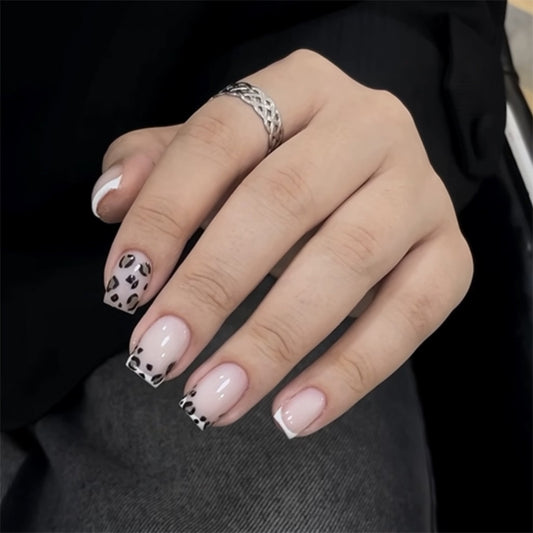 Wild Safari Chic Elegant Short Square Soft Pink with Leopard Print Accents Press on Nail Set