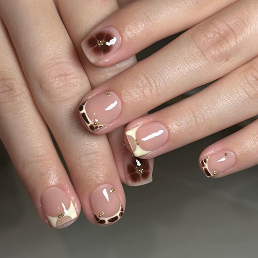 Savanna Chic Short Square Beige Brown Animal Print Press On Nail Set with Sparkling Gold Accents