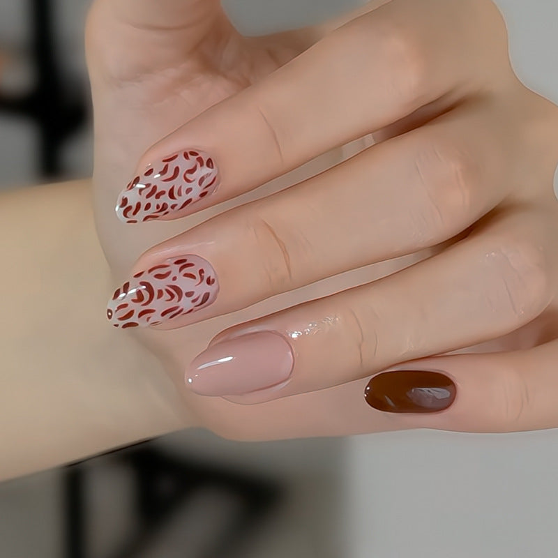 Bohemian Elegance Medium Almond Shaped Beige and Brown Marble Press On Nail Set