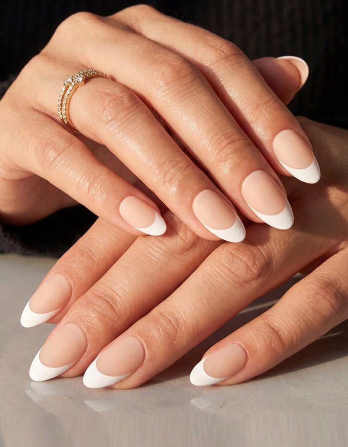 Glamorous Elegance Short Almond White Tip Press On Nails for Trendsetting Style