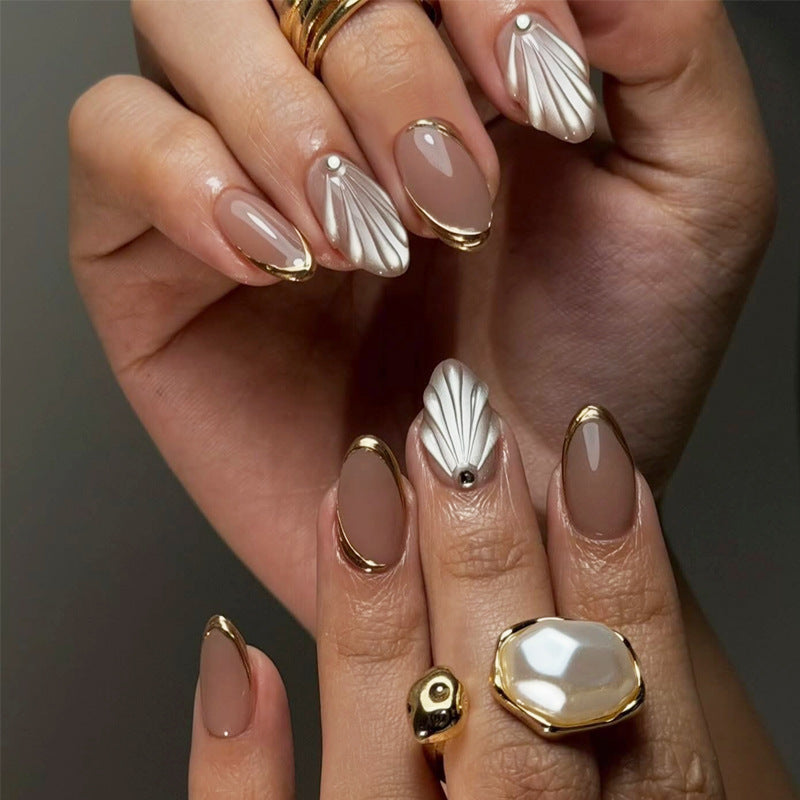 Elegant Seashell Inspired Short Almond Beige Press On Nail Set with Chic Gold Accents