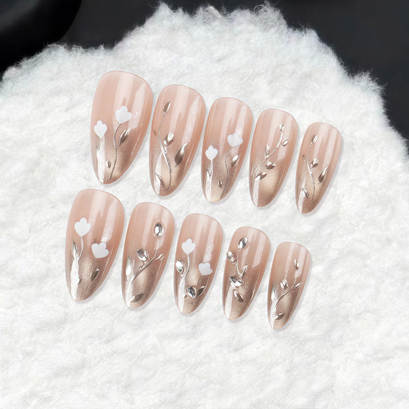 Blooming Elegance Long Almond Beige with Floral Accents and Glitter Detail Press On Nail Set