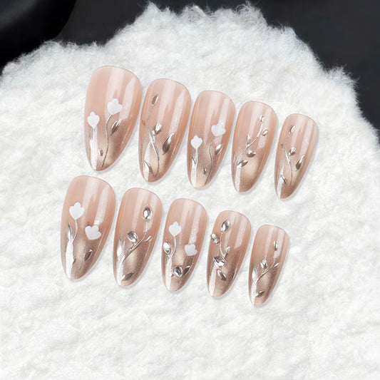 Blooming Elegance Long Almond Beige with Floral Accents and Glitter Detail Press On Nail Set