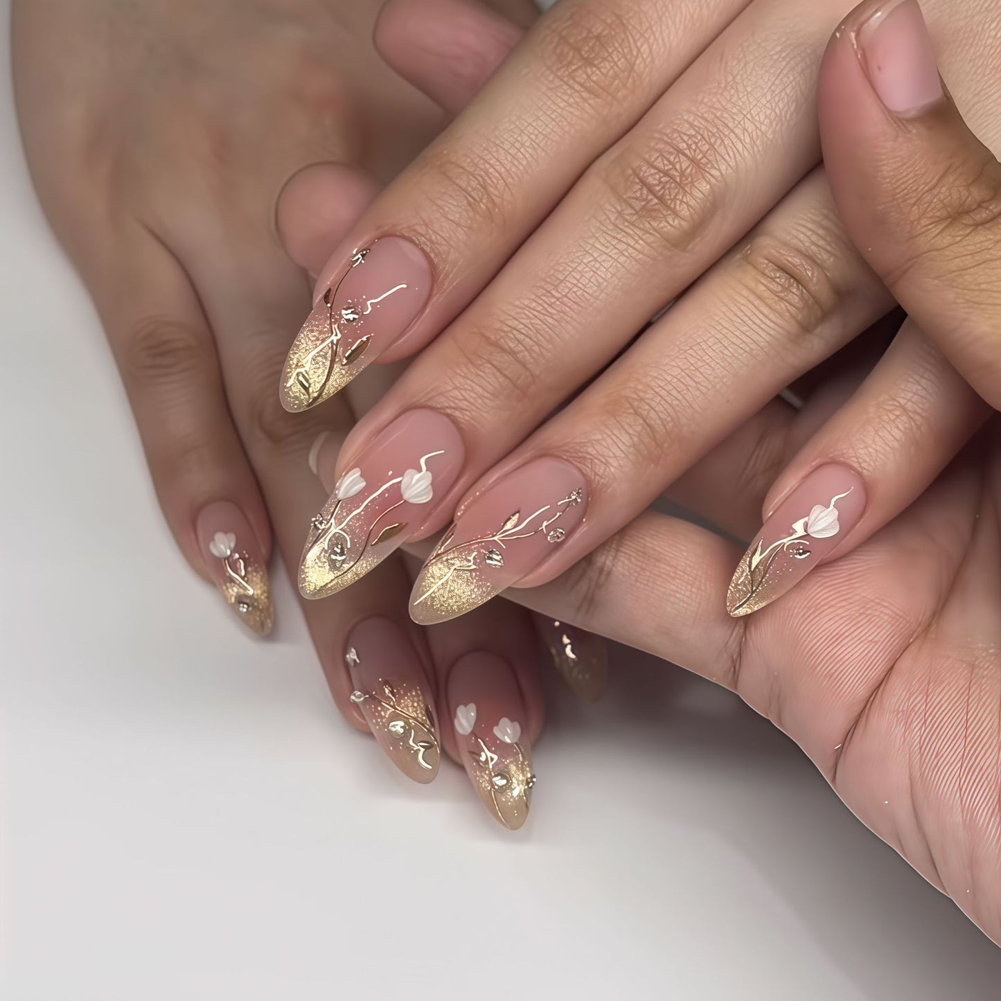 Enchanted Garden Long Almond Shaped Soft Pink with Gold Accents Press On Nail Set