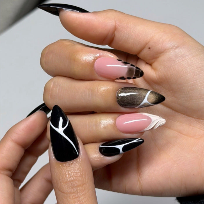Chic Fusion Medium Almond Black and Pink Marble Press On Nail Set