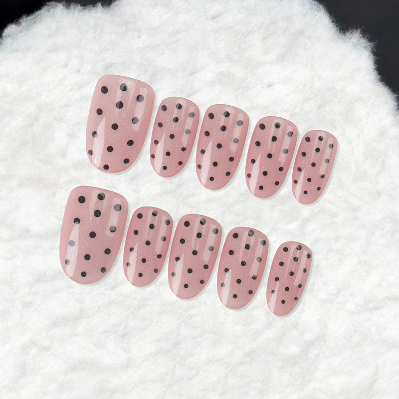 Chic Polka Dot Press On Nail Set Medium Oval Shape Blush Pink Color with Striking Black Dots