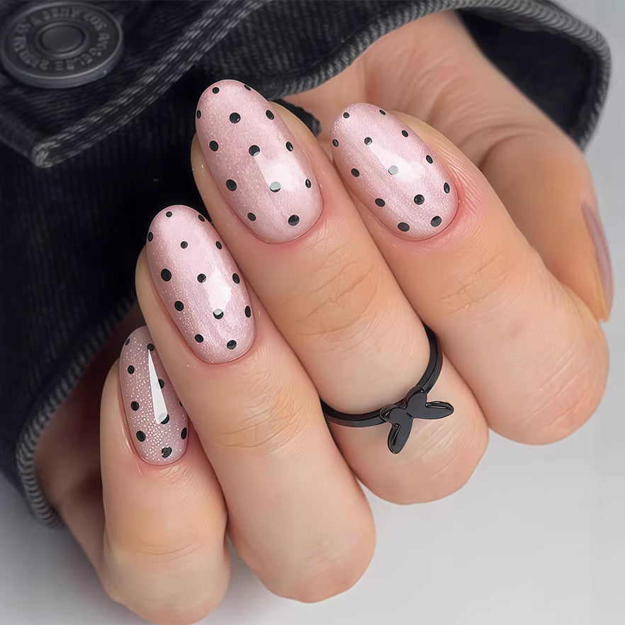 Chic Polka Dot Medium Oval Shaped Blush Pink Nail Set with Glittery Finish