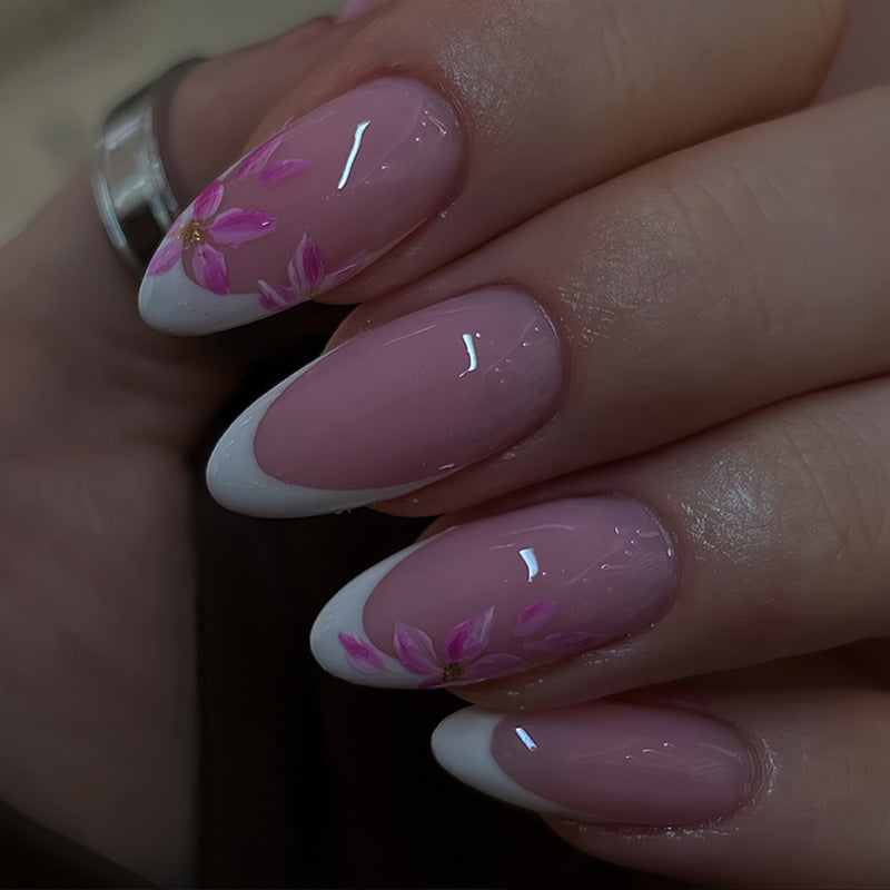 Floral Fantasy Medium Almond Soft Pink Press On Nail Set with Elegant Petal Design