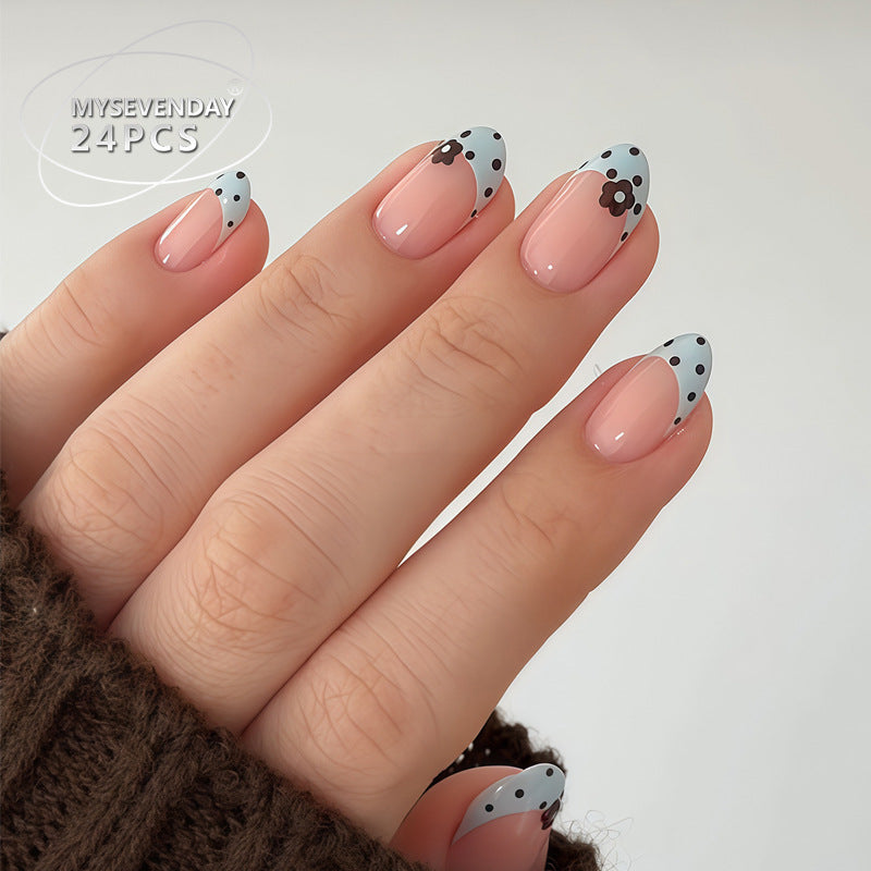 Chic Floral Fantasy Short Almond Pink and Blue Polka Dot Press On Nail Set