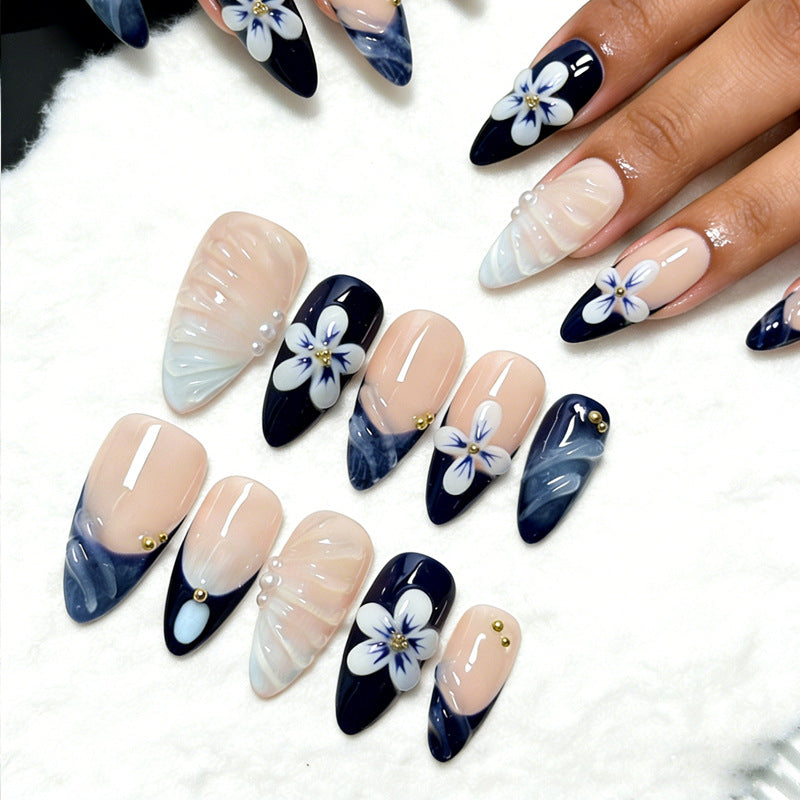 Enchanting Floral Elegance Medium Almond Navy and Cream Press on Nail Set with Pearl Accents