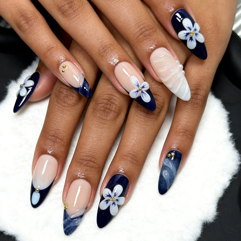 Nautical Bliss Medium Almond Deep Blue with Floral Accents Press on Nail Set
