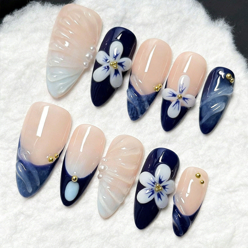 Ocean Breeze Medium Almond Blue Floral Accents Press On Nail Set