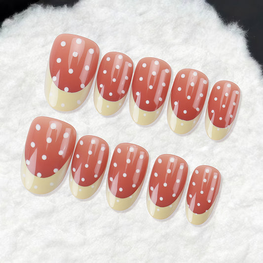 Charming Strawberry Dreams Medium Round Coral and Cream Polka Dot Press On Nail Set
