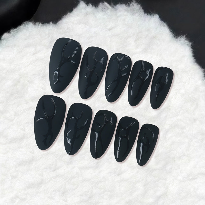 Mystical Shadows Long Almond Black Press On Nail Set with Unique Textured Designs