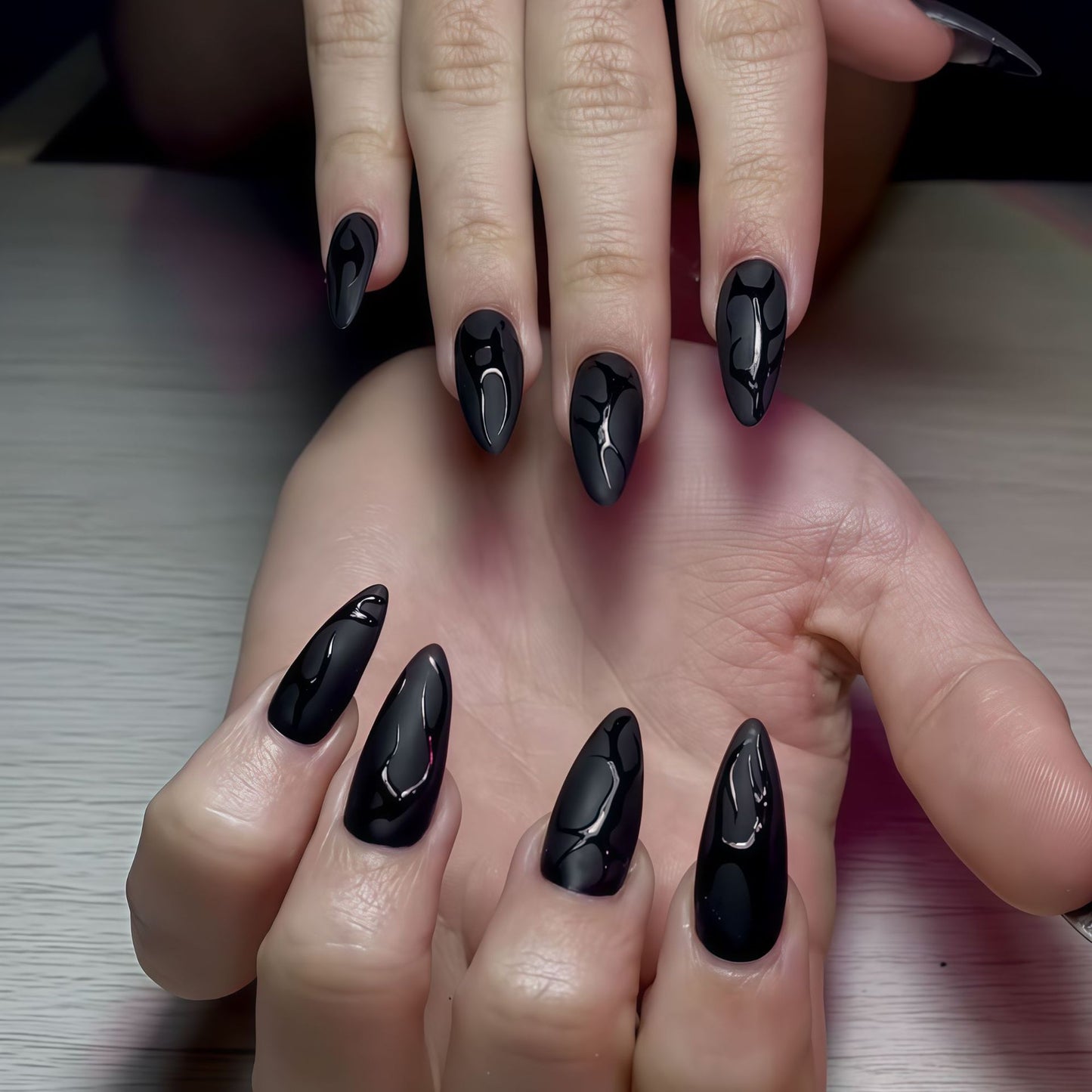 Gothic Elegance Long Stiletto Black Press On Nail Set with Unique High Gloss Finish