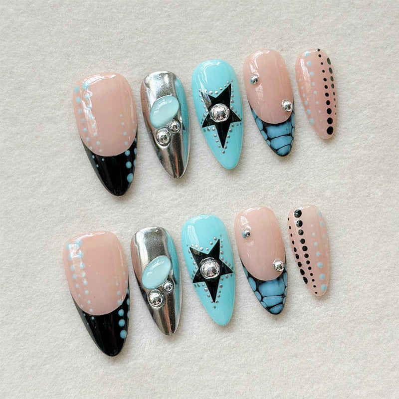 Glamorous Ocean Vibes Medium Almond Pastel Blue and Black Press On Nail Set with Unique Gem Accents