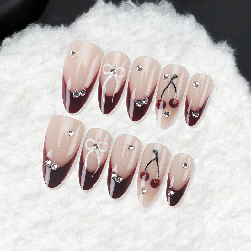 Cherry Blossom Elegance Long Almond Shaped Beige and Burgundy Press On Nail Set with Sparkling Gemstone Accents