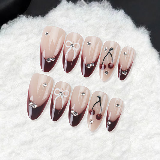 Cherry Blossom Elegance Long Almond Shaped Beige and Burgundy Press On Nail Set with Sparkling Gemstone Accents