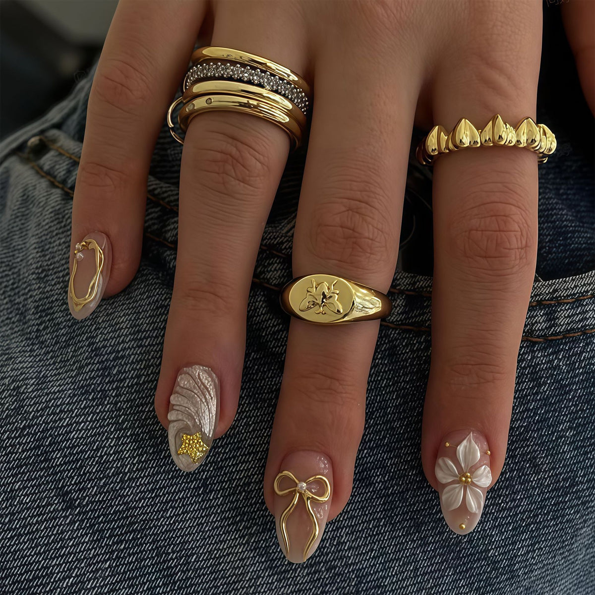 Ethereal Elegance Medium Almond Beige with Intricate Floral Accents Press On Nail Set