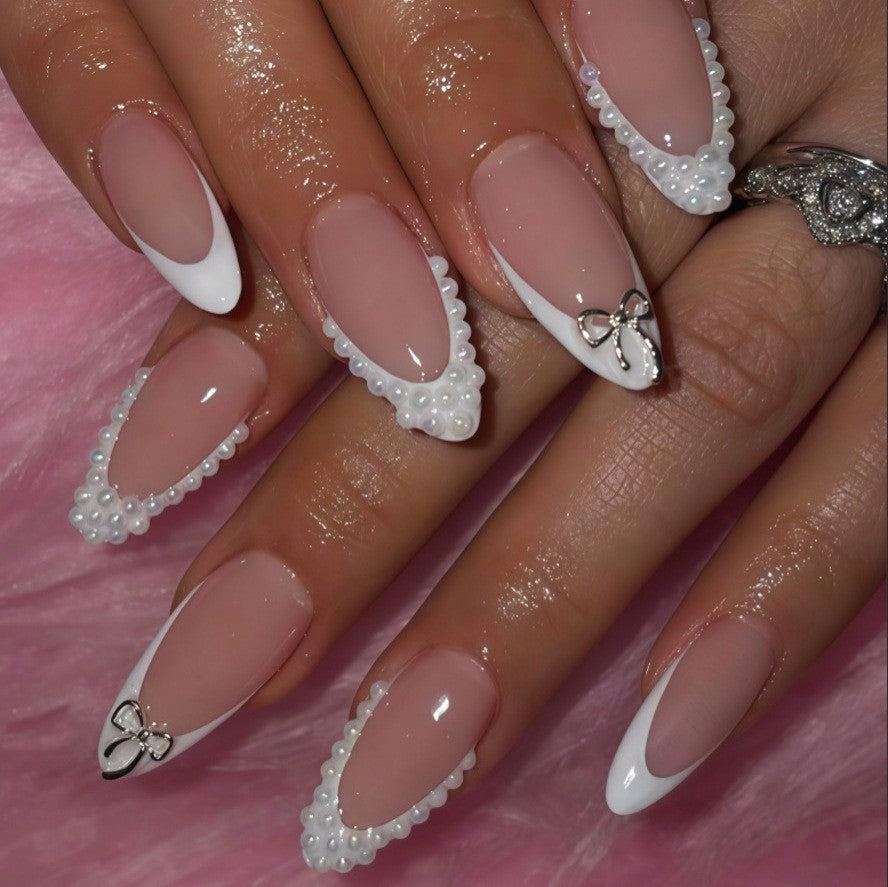 Elegant Dreamy Medium Almond Shape Blush Pink with Pearl and Bow Accents Press On Nail Set