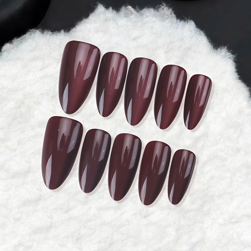 Autumn Elegance Long Almond Burgundy Glossy Nail Set with Unique Shine Finish