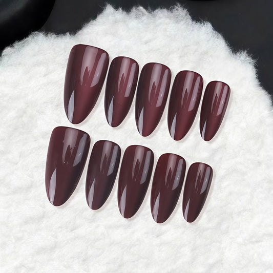 Autumn Elegance Long Almond Burgundy Glossy Nail Set with Unique Shine Finish
