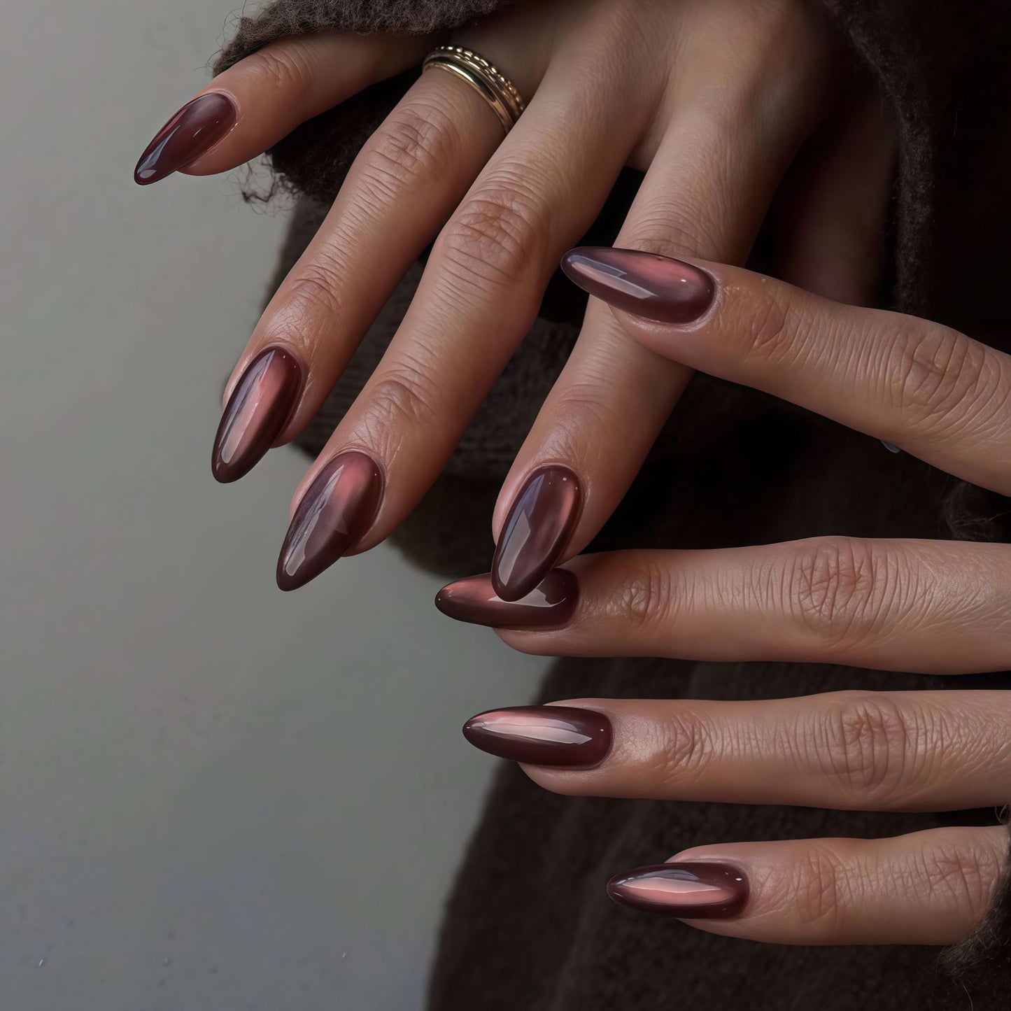 Gothic Elegance Long Almond Brown Press On Nail Set with Mirror Finish